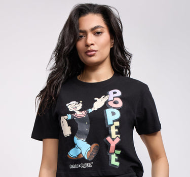 Womens Popeye Short Sleeve Cropped Tee - Black