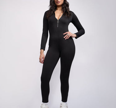 Women Front Zip Long Sleeve Bodysuit - Black