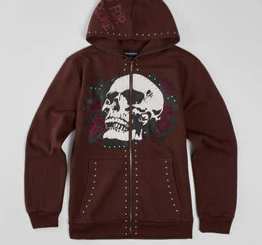 Grind Over Glory Rhinestone Full Zip Hoodie - Brown