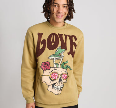 Love Hate Front And Back Chenille Patched Crewneck - Khaki