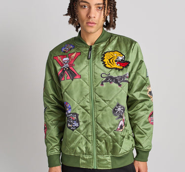 Military Satin Bomber Jacket - Olive Green