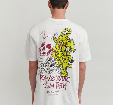 Pave Your Own Path Short Sleeve Graphic Print Embroidered Detail Tee - White