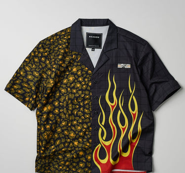 Cheetah And Flames Split Woven Short Sleeve Shirt