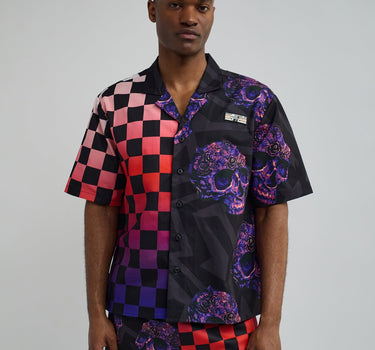 Checkers And Skulls Split Woven Short Sleeve Shirt